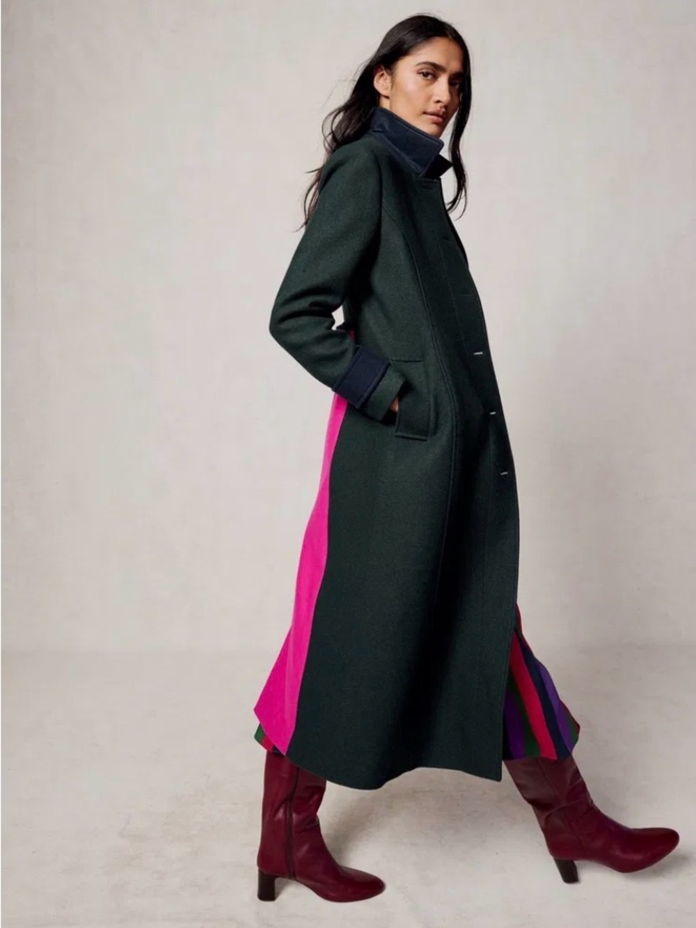 Boden Dark Green Coat with Bright Pink Side Panel